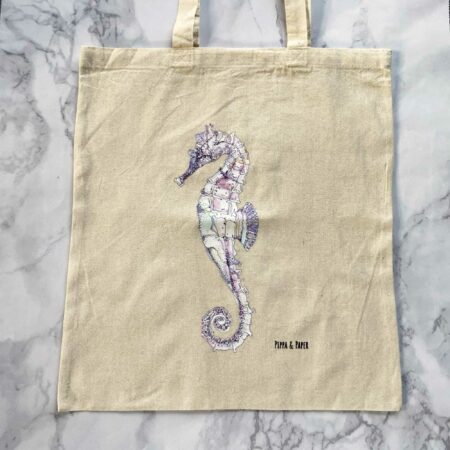 Tote bag with watercolour seahorse in pinks and blues